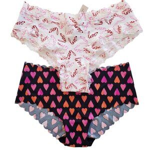 VICTORIA'S SECRET Panties Pink Red Love Hearts No Show Hipster Lace Cheeky M